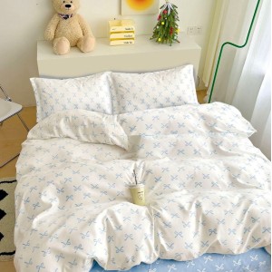 Lenjerie pat 1 PERSOANA, FINET, 4 piese, Alb-Bleu, fundite