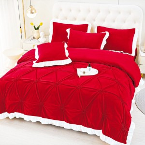 Lenjerie de Pat Dublu Luxury din Catifea Cocolino cu Pliuri Brodate și Volănașe Contrastante, Pucioasa, 4 Piese, Premium – Eleganță și Rafinament pentru Dormitorul Tău, rosu