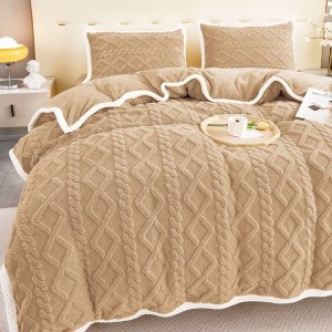 Lenjerie de Pat Cocolino Super Pufoasă cu Tricotaj în Relief – Set 4 Piese pentru Pat Dublu, Calitate Premium pentru somn odihnitor, Bej