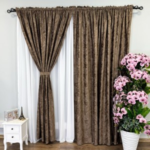 Draperie Catifea MYKONOS cu valuri rafinate aurii, 140cm latime x 260cm înălțime, cu TIV LAT, Maro - V44