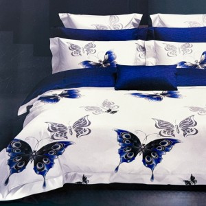 Lenjerie pat dublu,  FINET, 6 piese, Alb, Albastru, fluturi