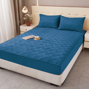 Husă Matlasată Tip Topper din Catifea 180x200cm, cu 2 Fețe de Pernă 50x70cm -  Somn Odihnitor și Susținere pentru Spate, Albastru