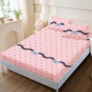 Cearsaf cu elastic, FINET, 160x200cm, 2 fete de perne 50x70cm, Roz, buline, fundite