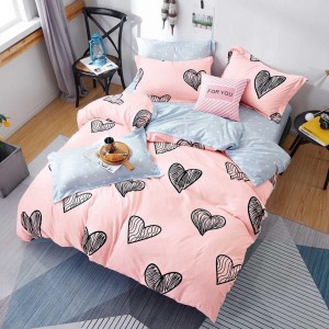 Lenjerie pat dublu cu doua feţe, bumbac satinat, 4 piese,  Roz, inimioare