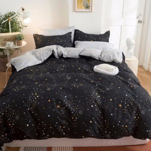 Lenjerie pat dublu cu doua feţe, bumbac satinat, 4 piese,  Bleumarin, stelute