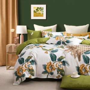 Lenjerie de Pat Dublu, 4 Piese, din Bumbac 100% Percalle cu Două Fețe – Confort Premium, Design Versatil și Durabilitate de Excepție, Crem, Verde, Olive, flori