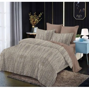 Lenjerie pat dublu,  FINET, cu elastic, 6 piese, Alb, Bej, Abstract