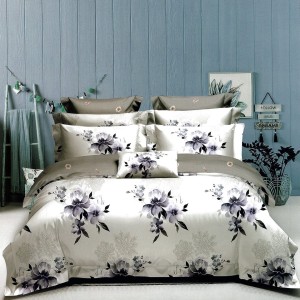 Lenjerie pat dublu,  FINET, 6 piese, Grej, flori