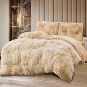 Lenjerie Cocolino Fluffy Super Pufoasă, Set 4 Piese, Pat Dublu, Cearșaf cu elastic – Căldură și Confort Premium, Ideală pentru Nopți Friguroase, Bej deschis degrade