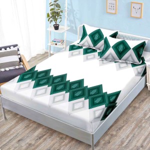 Cearsaf cu elastic, FINET, 160x200cm, 2 fete de perne 50x70cm, Alb, Verde, Forme Geometrice – confort și eleganță pentru patul tău