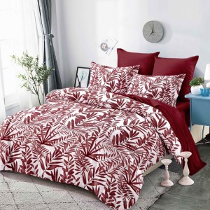 Lenjerie pat dublu,  FINET, cu elastic, 6 piese, Alb, Vișiniu, Frunze