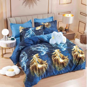 Lenjerie pat dublu,  FINET, 6 piese, cu ELASTIC, Jojo Home, Albastru, pesti