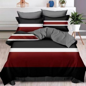 Lenjerie pat dublu,  FINET, 6 piese, cu ELASTIC, Rosu-Negru, dungi