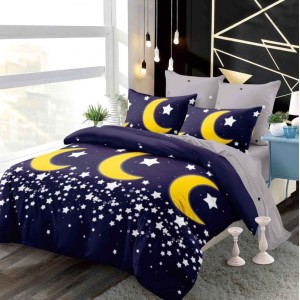 Lenjerie pat dublu,  FINET, cu elastic, 6 piese, Bleumarin, Stele si Luna