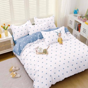 Lenjerie pat dublu cu doua feţe, bumbac satinat, 4 piese,  Alb-Bleu, inimioare