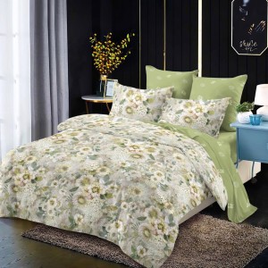 Lenjerie Pat Dublu,  FINET, 6 piese, Verde, Gri, Flori