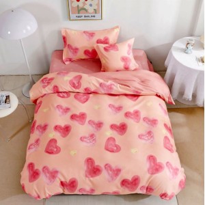 Lenjerie pat 1 PERSOANA,  FINET, 4 piese, cu ELASTIC, Roz, inimioare