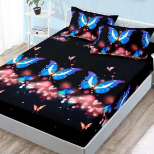 Cearsaf cu elastic, FINET, 180x200cm, 2 fete de perne 50x70cm, Negru, fluturi