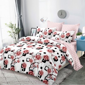 Lenjerie Pat Dublu,  FINET, 6 piese, Alb, Roz, Negru, Flori, Patratele