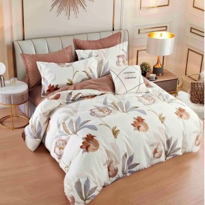 Lenjerie pat dublu,  FINET, 6 piese, cu ELASTIC, Jojo Home, Bej, flori