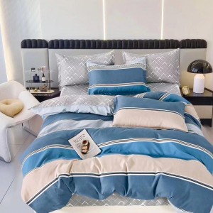 Lenjerie pat dublu,  FINET, 6 piese, Albastru, dungi