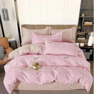 Lenjerie pat dublu,  FINET, 6 piese, Roz, flori, buline