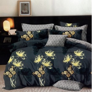 Lenjerie pat dublu,  FINET, 6 piese, cu ELASTIC, Galben, fluturi, flori