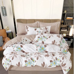 Lenjerie pat dublu,  FINET, 6 piese, Bej inchis, flori