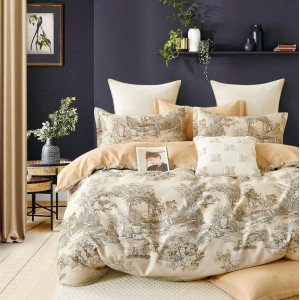 Lenjerie pat dublu,  FINET, 6 piese, Bej, flori, copaci