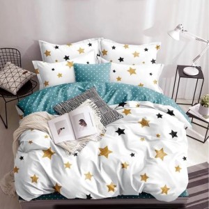 Lenjerie pat dublu cu doua feţe, bumbac satinat, 4 piese,  Alb, stelute