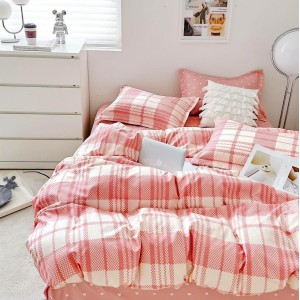 Lenjerie pat dublu,  FINET, 6 piese, Roz, carouri