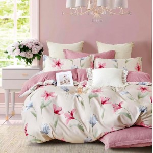 Lenjerie pat dublu,  FINET, 6 piese, Crem-Roz, flori