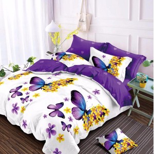 Lenjerie pat dublu cu doua feţe, bumbac satinat, 4 piese,  Mov, fluturasi