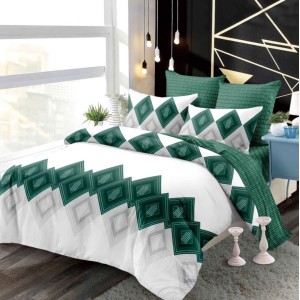 Lenjerie pat dublu,  FINET, cu elastic, 6 piese, Alb, Verde, forme geometrice