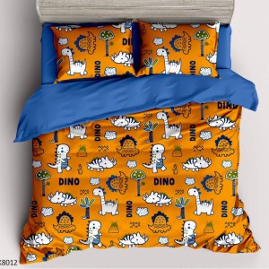 Lenjerie pat Single, BUMBAC 100% Percal, cu 2 Fețe, 4 piese, Portocaliu, Albastru, Dinozauri