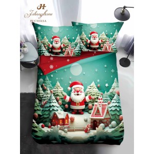 Lenjerie pat 1 PERSOANA, BUMBAC FINET, 4 piese, Identică cu Poza, Craciun, Verde, Alb, Roșu, orașul lui Moș Crăciun