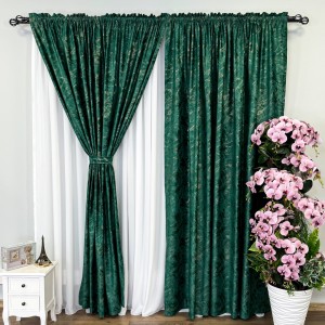 Set Draperii Catifea MYKONOS cu valuri rafinate aurii -200cm x 250cm , Tiv lat ,Verde Smarald - V7