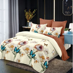 Lenjerie pat dublu,  FINET, cu elastic, 6 piese, Bej, flori, fluturi
