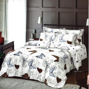 Lenjerie pat dublu,  FINET, 6 piese, Bleu-Maro, fluturi