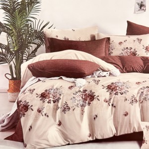 Lenjerie pat dublu, FINET, 6 piese, Bej, Maro, flori Lenjerie pat dublu, FINET, 6 piese, Bej, Maro, flori