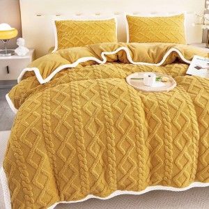 Lenjerie de Pat Cocolino Super Pufoasă cu Tricotaj în Relief – Set 4 Piese pentru Pat Dublu, Calitate Premium pentru somn odihnitor, Mustar