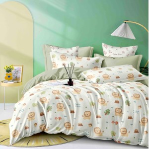 Lenjerie pat 1 PERSOANA,  FINET, 4 piese, Jojo Home, Alb-Verde, lei, copaci