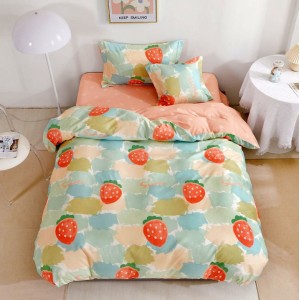 Lenjerie pat 1 PERSOANA,  FINET, 4 piese, cu ELASTIC, Roz, capsuni