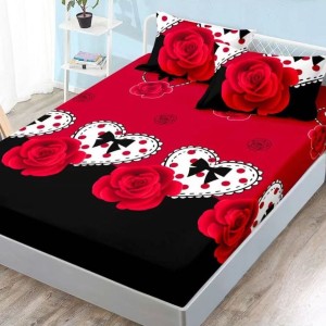 Cearsaf cu elastic, FINET, 180x200cm, 2 fete de perne 50x70cm, Rosu-Negru, trandafiri, buline, fundite