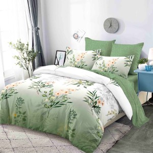 Lenjerie Pat Dublu,  FINET, 6 piese, Verde Salvie, Flori, Frunze