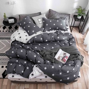 Lenjerie pat 1 PERSOANA, 4 piese, cu ELASTIC,  Gri, stelute