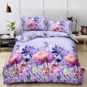 Lenjerie pat dublu, 4 piese, IMPRIMEU 3D Multiplicat Multiplicat, Microfibra, Lila, flori