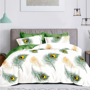 Lenjerie de Pat Dublu, 4 Piese, din Bumbac 100% Percalle cu Două Fețe – Confort Premium, Design Versatil și Durabilitate de Excepție, Crem, Verde, pene