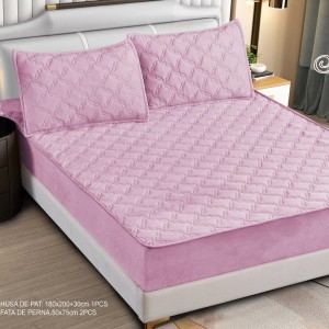 Husă Matlasată Tip Topper din Catifea 180x200cm, cu 2 Fețe de Pernă 50x70cm -  Somn Odihnitor și Susținere pentru Spate, Roz inchis