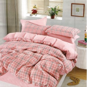 Lenjerie pat dublu,  FINET, 6 piese, Roz, carouri